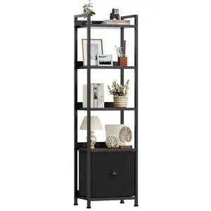 5-Tier Black Bookshelf 55 Inch Tall, wood-metal frame paired with practical fabric drawers, open storage shelves for book arrangement and daily storage in master bedroom.
