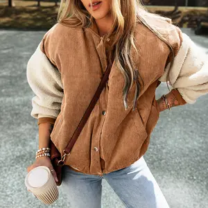 Buckskin Corduroy Fleece Patchwork Buttoned Bomber Jacket
