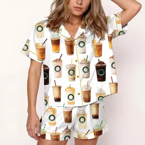 Iced Coffee Pajama Set for Women , Cute Café Drink Print PJs , Latte Mocha Frappé Pattern Sleepwear , Cozy Satin Button-Down Top & Pants , Barista Lover Gift, Aesthetic Coffee Nightwear Outfit