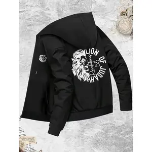 Bmuvlss Men's Lion Print Hooded Jacket with Lion of Judah Design - Slim-Fit Full-Zip Coat, Machine Washable Winter Outerwear, Casual & Formal Style, Zippered Pockets, Hebrew Lettering & Lion of Judah Print for Everyday Special Occasions, Business Casual C