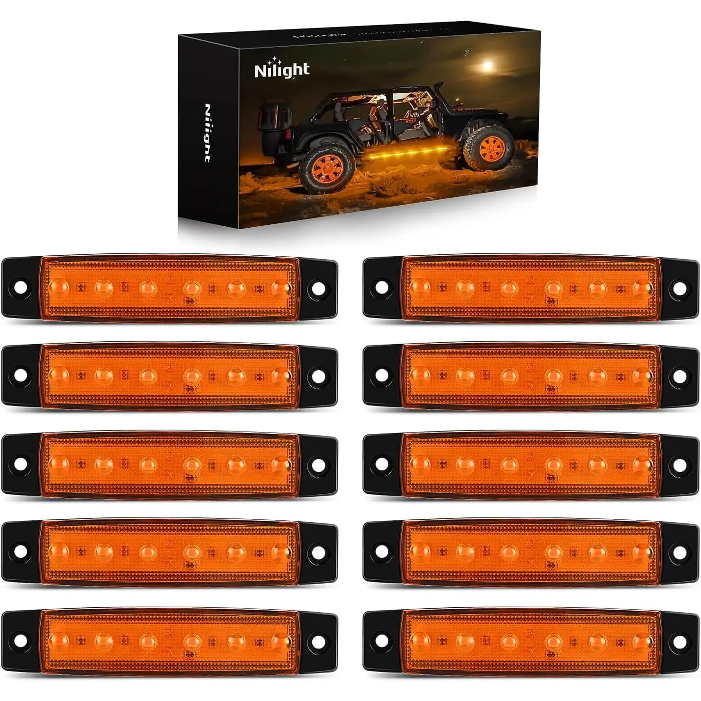 Nilight 10-Pack Amber Side Marker Auxiliary Car Lights - 3.8in, 6-LED, 120lm High Brightness, ABS Construction, Awesome Seal, Foam Tape Mount, Easy Installation for Truck, Boat, Lorries, Auxiliary Light