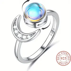 925 Sterling Silver Anxiety Ring for Women 18K White Plated Moonstone CZ Open Ring Adjustable Fidget Ring 3g/0.11oz  smart ring