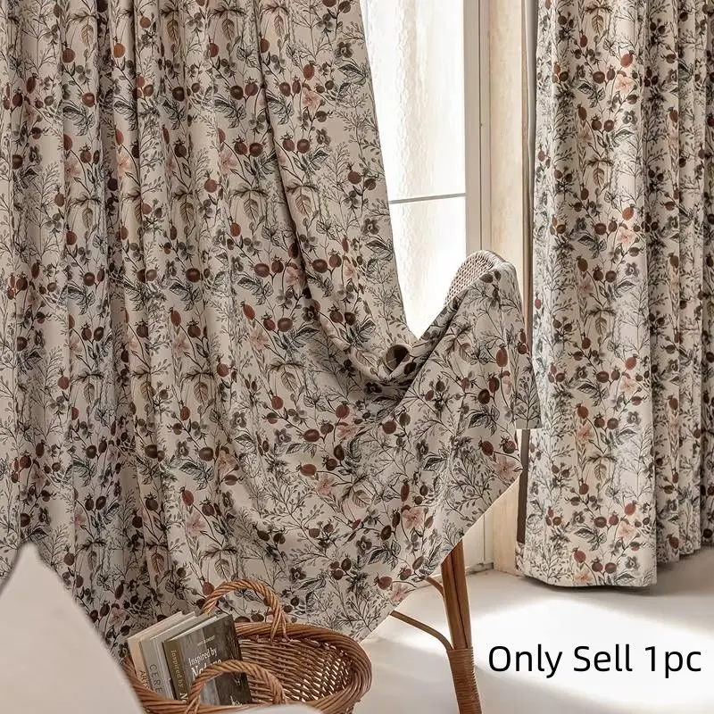 1pc Vintage Farmhouse Plant Print Window Curtain, Full Print Plant Texture, Natural Atmosphere, Soft Decorative, Relaxing Home Ambiance, Home Decoration Curtain, Room Decor Curtain