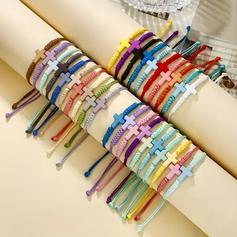 28pcs Mixed Color Boho Braids Beadwork Cross Bracelets & Bangles Set - Hand-woven Adjustable Synthetic Fiber Rope, Fashion Geometric Pattern, Acrylic Pendant, Bracelet Stacking Casual Arm Candy, Ideal for Beach Surfing, Daily Wear, Adjustable Size, Braide