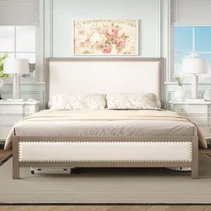 Amerlife Tufted Upholstered Sturdy Platform Bed - Modern Vintage Style, Solid Pine Wood Frame Structure, Linen Headboard, Footboard Nailhead Trim, No Box Spring Needed, Noise-Free, Tufted Upholstered Bed