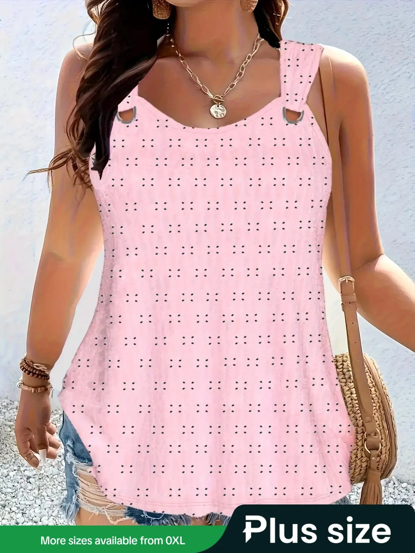 【Plus Size】 Eyelet Embroidery Hollow Out Metal Decor Slim-fit Tank Top, Casual Sleeveless Top for Summer, Women's Plus Clothing for Daily Wear