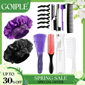 【Spring Glow-Up】17 Counts Hair Brush Set for Women Men Kids Detangler Brush Wide Tooth Comb Nylon Bristle 9-Row Brush Satin Bonnet  Styling Tools Purple Love At First Find