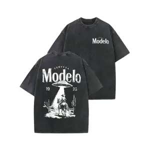 Modelo UFO Cowboy Graphic-Shirt – 230g Heavyweight Vintage Washed Cotton Retro Streetwear Tee With Cerveza Modelo Letter Print, UFO Western Cowboy Desert Scene Design, Y2K Oversized Casual Short Sleeve Men's Summer Fashion