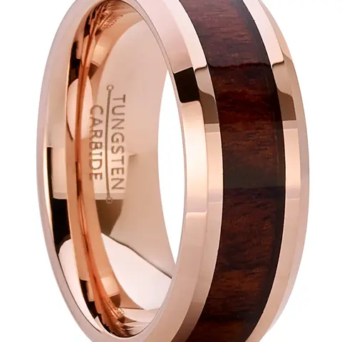 Men's 8mm Comfort Fit Elegant Flat Top Tungsten Carbide Wedding Band - Rose Tone, Real Wood Inlay, Artificial Gemstone, 4x Titanium Sturdiness, for Engagement, Birthday, Graduation Wear, Everyday Use, Engagement Ring