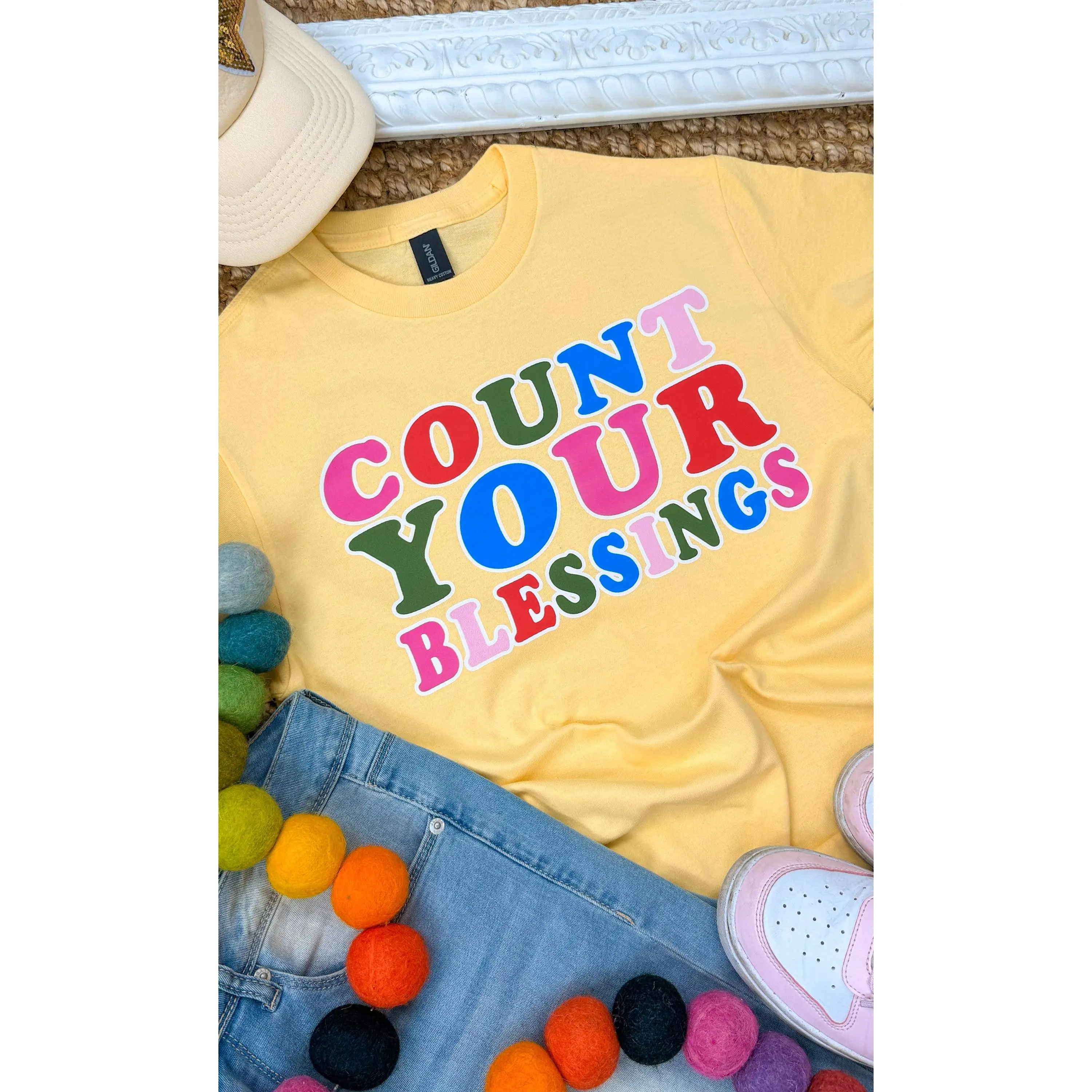 Tees2urdoor Lady's Cotton Round Neck Short-Sleeve "Count Your Blessings" Graphic T-Shirt - Comfortable, Lightweight Fitted Top for Everyday Streetwear