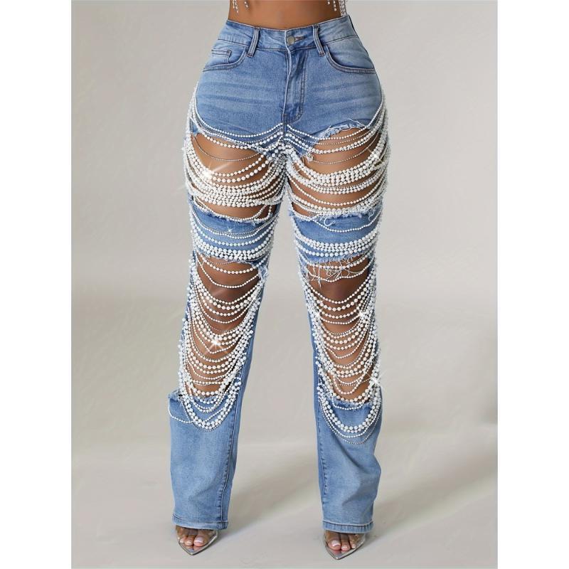 [Mid-Rise Distressed Ripped Jeans] Straight Leg Jeans for Women Mid ...
