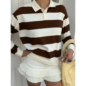 Women's Fashion Striped Colorblock Loose Polo Shirt, Trendy Simple Casual Preppy Style, Daily Wear Spring Autumn Long Sleeve Top