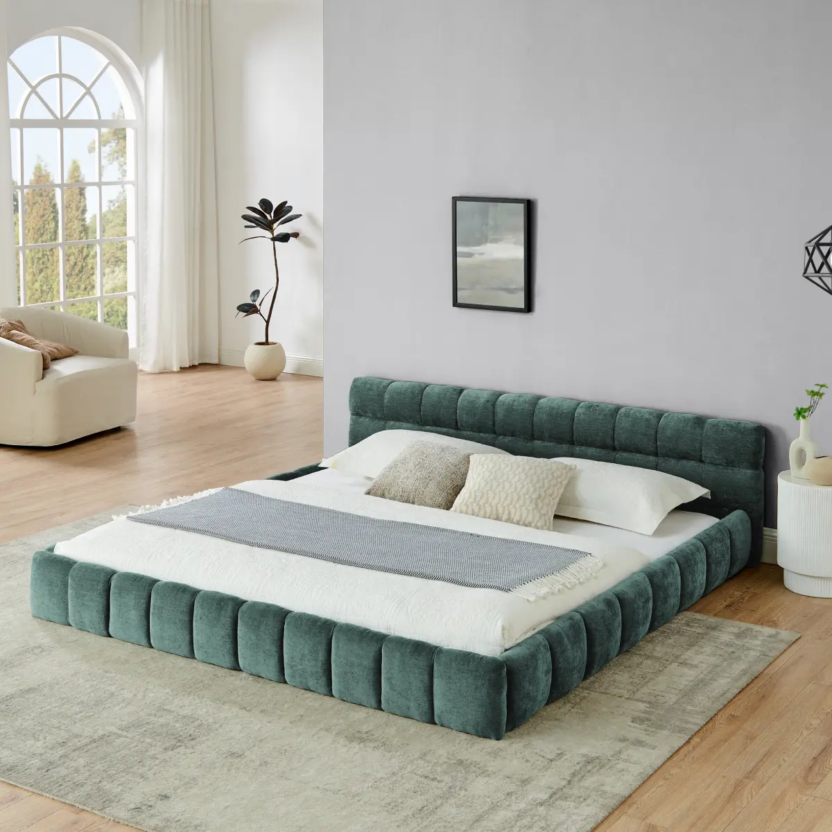 King Size Chenille Upholstered Platform Bed with Headboard, Low Profile Solid Wood Frame, Heavy-Duty Fabric, No Box Spring Needed - Green (88.5 x 85.5 x 24)