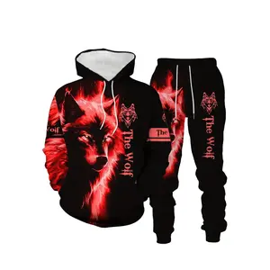 Blue Wolf Pattern Men's Spring Autumn Long Sleeve Casual Sweatshirt Set Hooded 100% Polyester Fiber Regular Fit Digital Printing