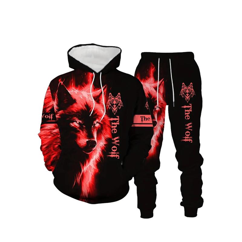Blue Wolf Pattern Men's Spring Autumn Long Sleeve Casual Sweatshirt Set Hooded 100% Polyester Fiber Regular Fit Digital Printing