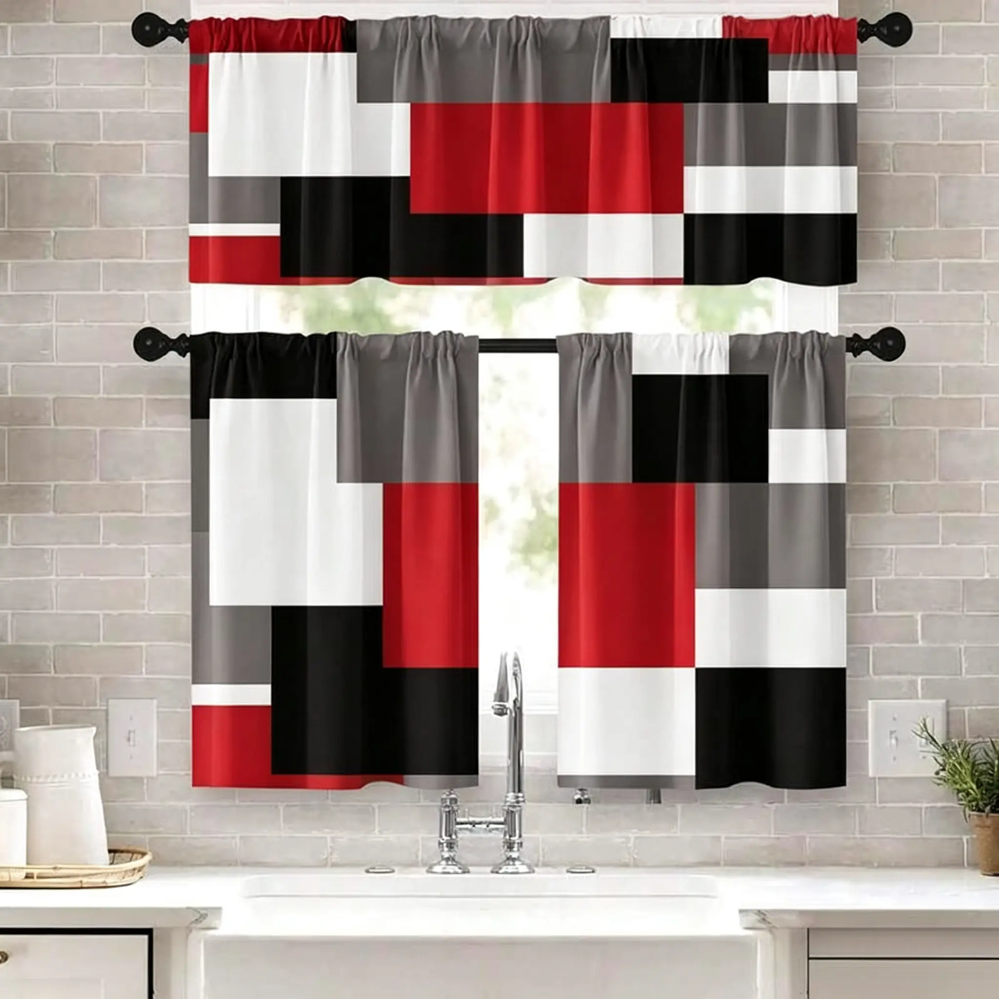Pink Kitchen Window Curtains Valance And Tier Set, Black Grey White Modern Rod Pocket Short Tier Curtain For Bathroom, Abstract Art Small Cafe Drapes For Decor