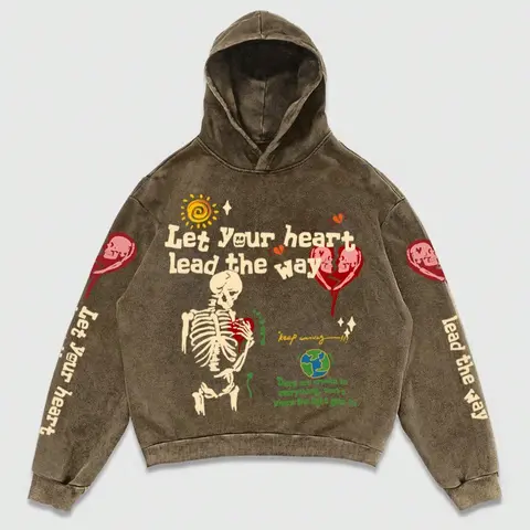 Men's Skeleton & Heart & Slogan Print Hoodie, Regular Fit Casual Graphic Long Sleeve Hooded Sweatshirt for Spring & Fall, Fashion Men's Top for Daily Wear, Cotton, Printed Hoodie