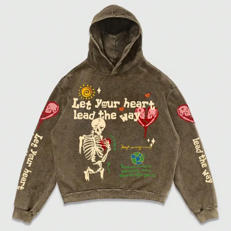 Men's Skeleton & Heart & Slogan Print Hoodie, Regular Fit Casual Graphic Long Sleeve Hooded Sweatshirt for Spring & Fall, Fashion Men's Top for Daily Wear, Cotton, Printed Hoodie