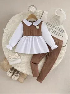 Girls' Knit Patchwork Doll Collar Top & Pants Set, Fashion Clothes Set, Autumn Winter Casual Two-Piece Outfit, Comfortable Kids Clothing for Daily Wear
