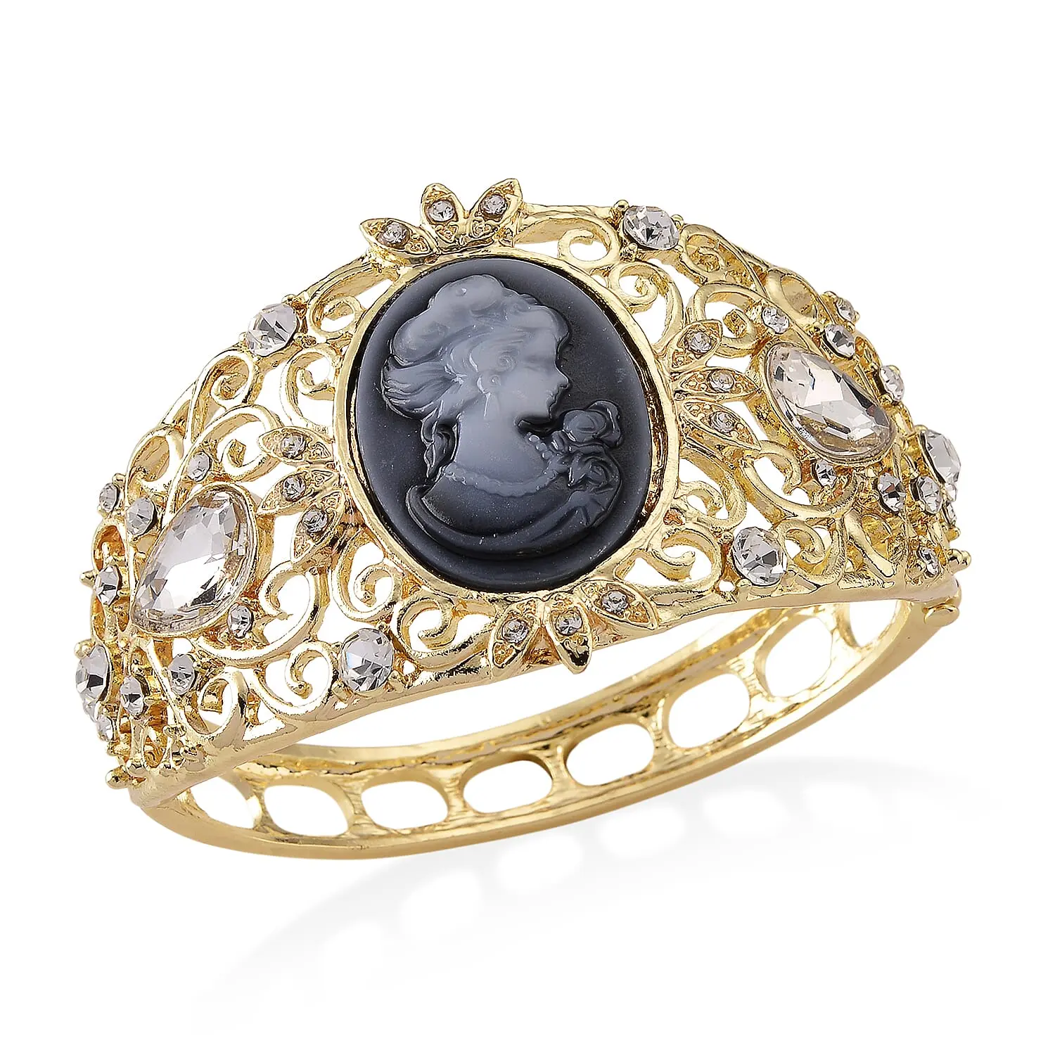 Black Cameo, White Glass and Austrian Crystal Bangle Bracelet in Goldtone (6.50 In)