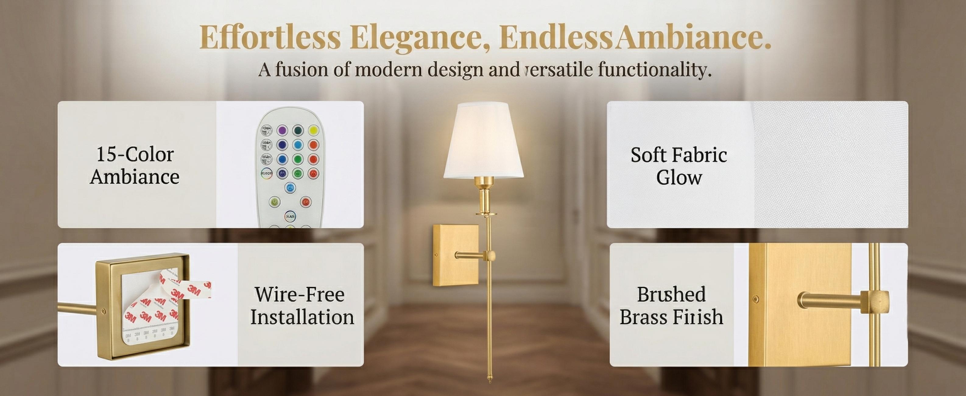 Modern Brass Wall Sconce Set of 2, Fabric Shade Bedside Wall Light, Minimalist Mid Century Wall Lamp for Bedroom Living Room Hallway Soft Ambient Lighting Home Decor