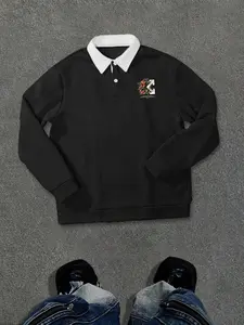 Men's Autumn Winter Long Sleeve Letter Floral Print Half Button Polo Neck Pullover Sweatshirt, Casual Outdoor Fitted Cut Hoodie, Moderate Fabric Thickness