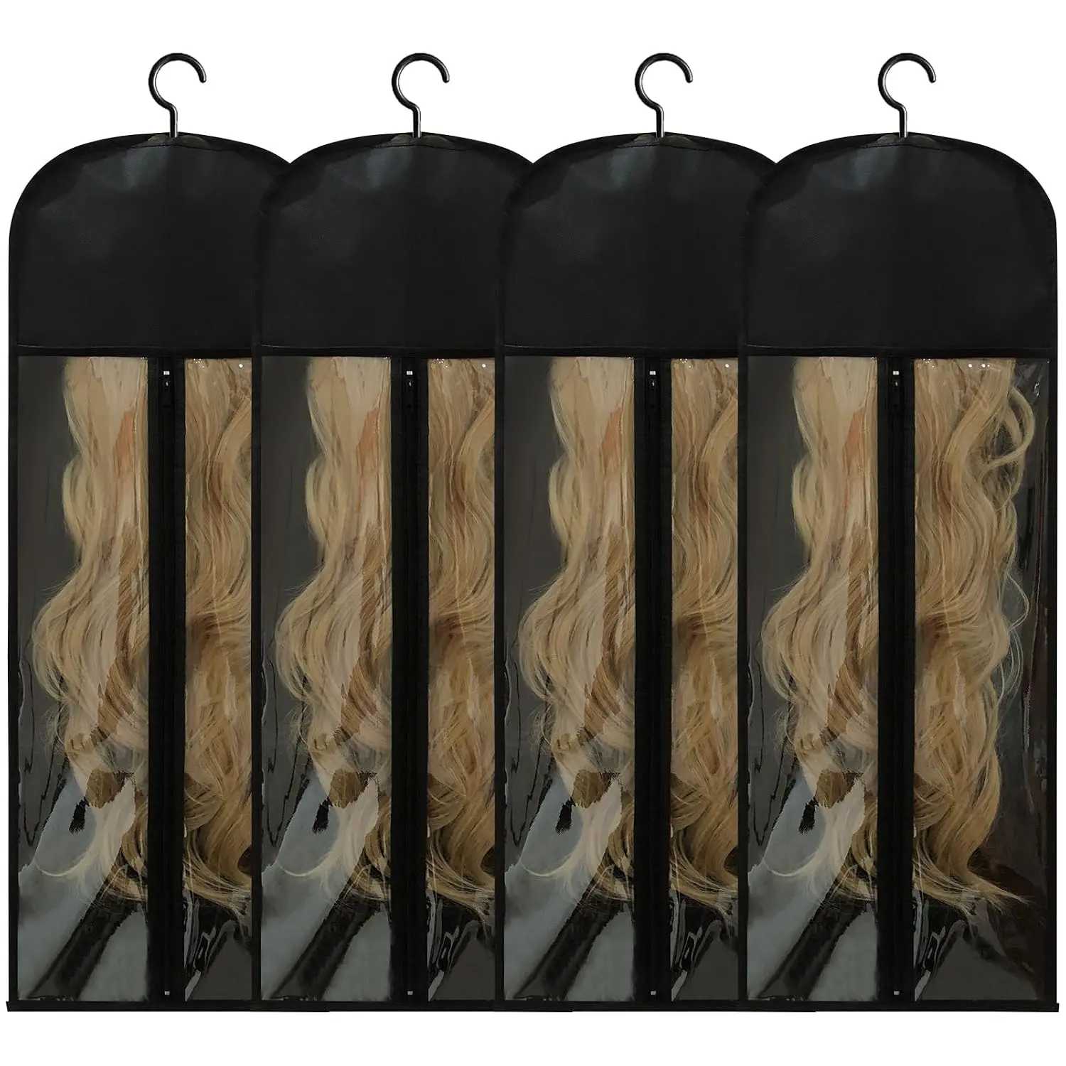 4Pcs Extra Long Wig Storage Bags with Hanger, Wig Storage for Multiple Wigs, Wig Bag with Hook Storage, Breathable and Easy Carry Home Hair Salon Travel Use (Black 31.5in)