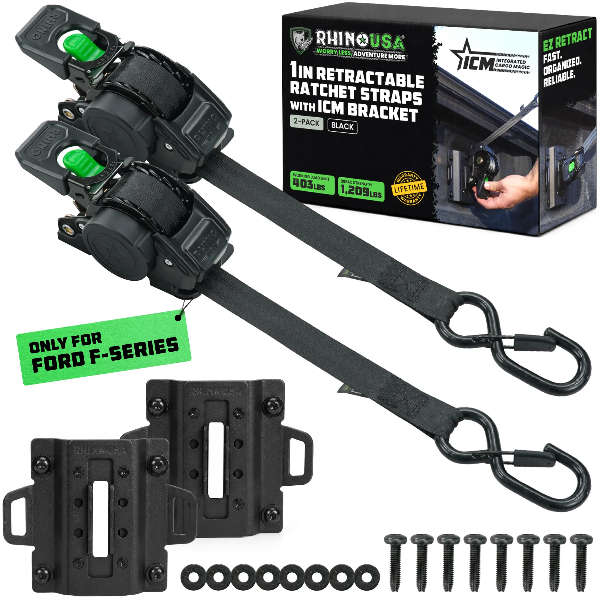Rhino USA 1"x9' Integrated Bed-Mounted (FORD ONLY) Retractable Ratchet Straps - Ford Trucks (2015+ F-150 & 2017+ F-250) – BoxLink Compatible, Removable, 360° Swivel, Heavy-Duty Tie Downs