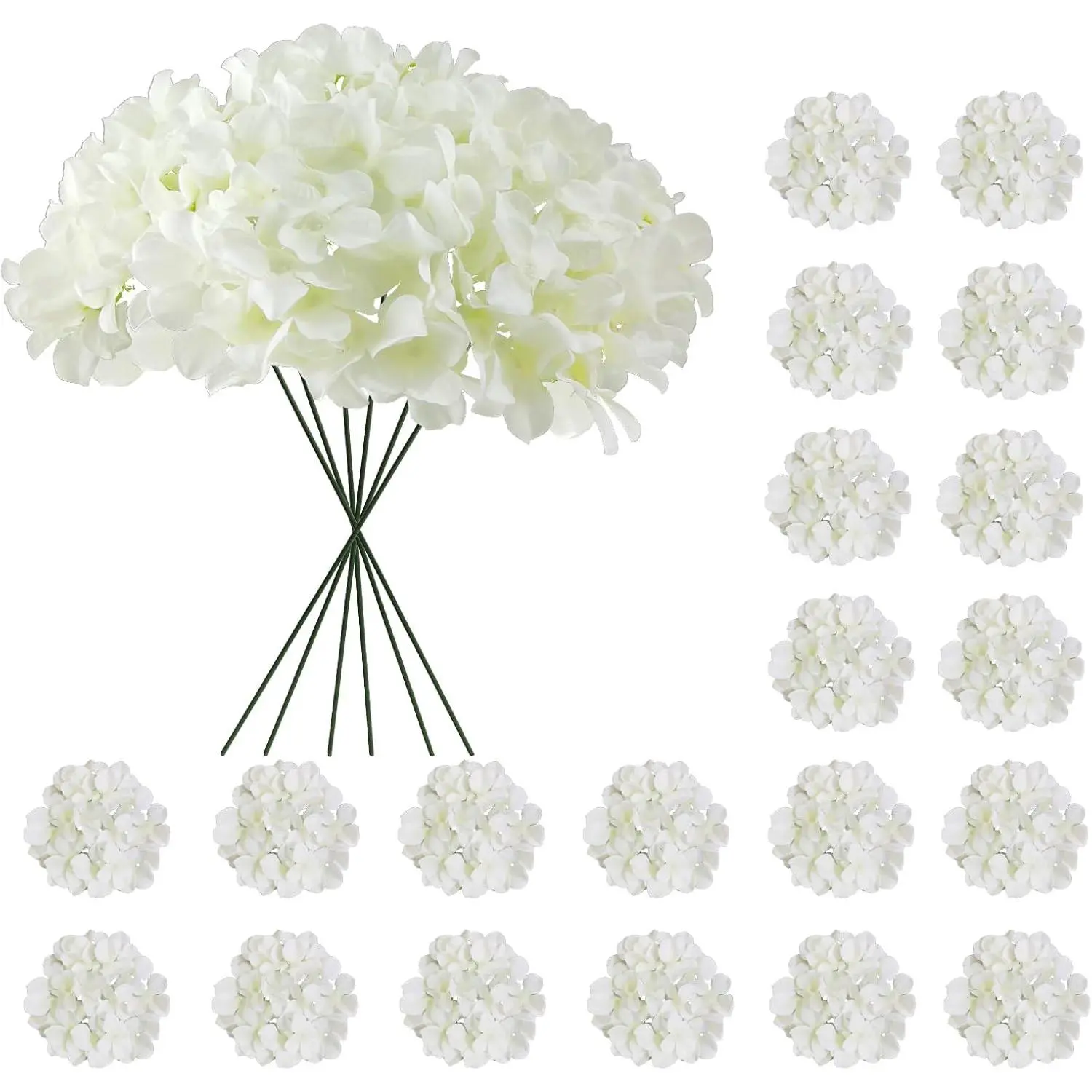 20 Pcs White Hydrangea Artificial Flowers Bulk  Faux Heads Fake Silk with Stems for Decoration Wedding Décor