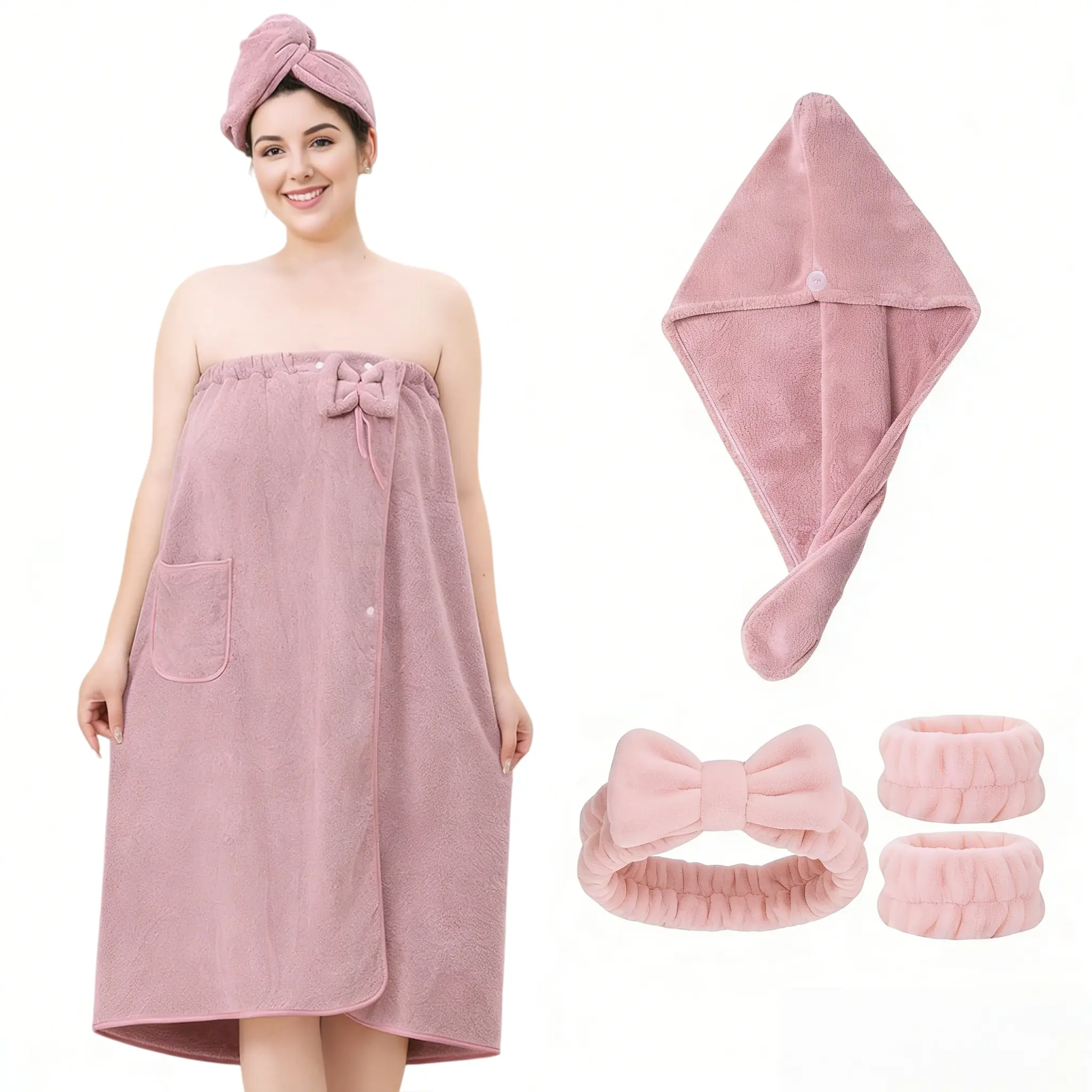 Women's Plus Size Comfy Sleeveless Wearable Bath Wrap Robe Set - Fit, Cute Dress-Style Shower Towel with Hair Towel, Bow Headband, Wristbands, Adjustable Elastic Top, Soft Microfiber Spa Robe for Spas, Daily Bathing, Spa Day, Hot Tub Ready