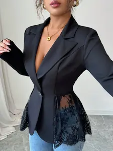 Women's Elegant Lace Patchwork Slim Fit Long Sleeve Blazer Jacket, Perfect for Office, Dates and Parties