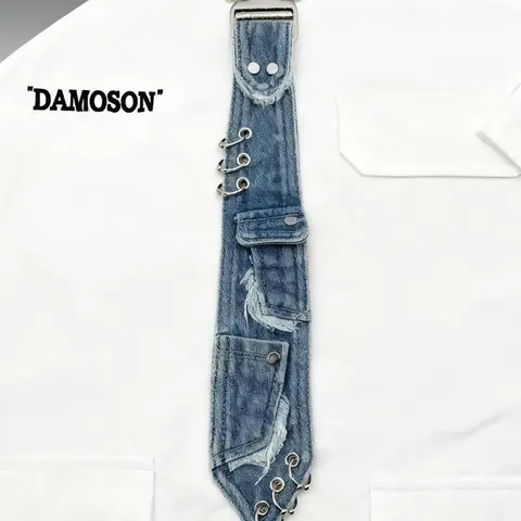 Y2K Women's Denim Bow Tie, Bow Tie Design, Metal Buckle Chain Vintage Distressed Edges, Unique Personalized Fashion Accessory