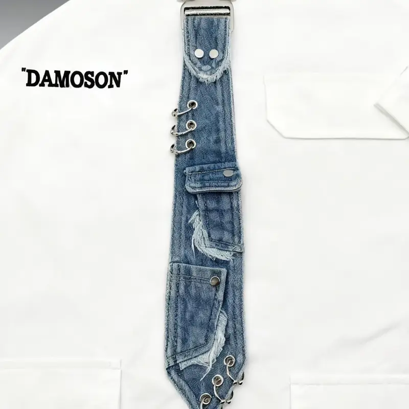 Y2K Women's Denim Bow Tie, Bow Tie Design, Metal Buckle Chain Vintage Distressed Edges, Unique Personalized Fashion Accessory