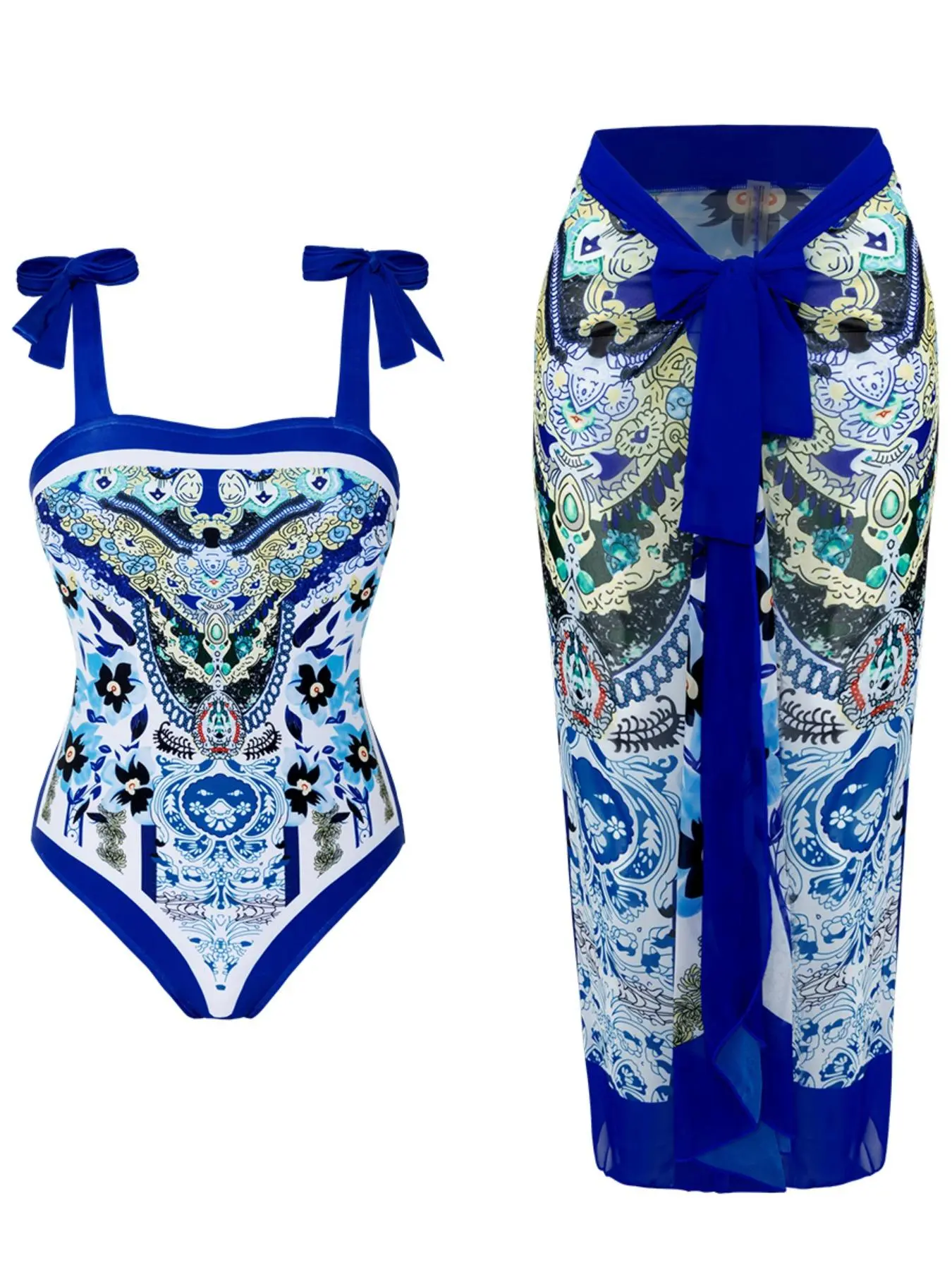 Women's Ethnic Pattern Knot Swimsuit Set, Boho Sleeveless Bodysuit & Wrap Skirt High Stretch Swimwear Set Stretchy Swimwear for Beach Vacation, Ladies Summer Clothes, Swimsuit Beachwear