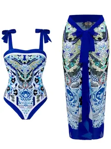 Women's Ethnic Pattern Knot Swimsuit Set, Boho Sleeveless Bodysuit & Wrap Skirt High Stretch Swimwear Set for Beach Vacation, Ladies Summer Clothes
