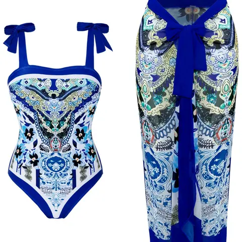 Women's Ethnic Pattern Knot Swimsuit Set, Boho Sleeveless Bodysuit & Wrap Skirt High Stretch Swimwear Set for Beach Vacation, Ladies Summer Clothes, Swimsuit Beachwear, Swim Suit With Skirt