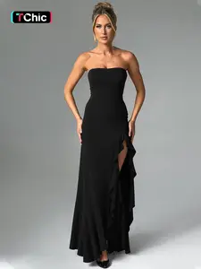 Women's Solid Color Ruffles High Split Off-Shoulder Sleeveless Bodycon Tube Dress Sexy Strapless Backless Ruched Slit Plain Club Evening Elegant Gown Dresses for Party Holiday Long Full Formal Dresses for Ladies Fitted Casual