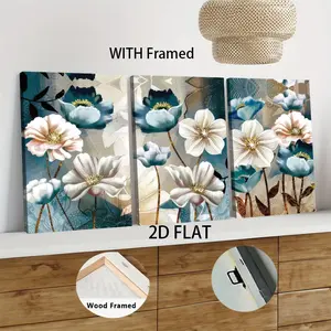 3pcs Framed  Modern Minimalist Hand-painted Floral Canvas Wall Art with Solid Wood Frame Living Room Bedroom Wall Decor Style Elegant Blue and White Flower Painting Modern Floral Paintings Home Interior Decoration 2D Flat