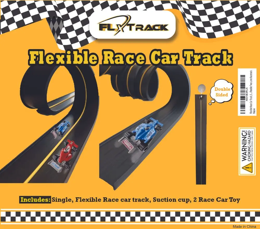 Toy Car Track Set, Flexible Track, with Pressure Suction Cup, 2 Small racecars, Zipup Storage Bag, Highly Flexible Two-Lane Racetrack. Slot Car Race Tracks Set, DOUBLESIDED 5+ Meters Long
