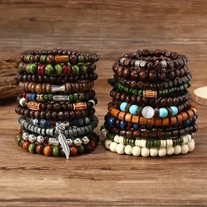22-Piece Set Vintage Style Bohemian Wooden Beaded Bracelets, Synthetic Turquoise And Cat's Eye Beads, Fashionable Stacking Bracelet Set For Women Men Jewelry Hand Accessory