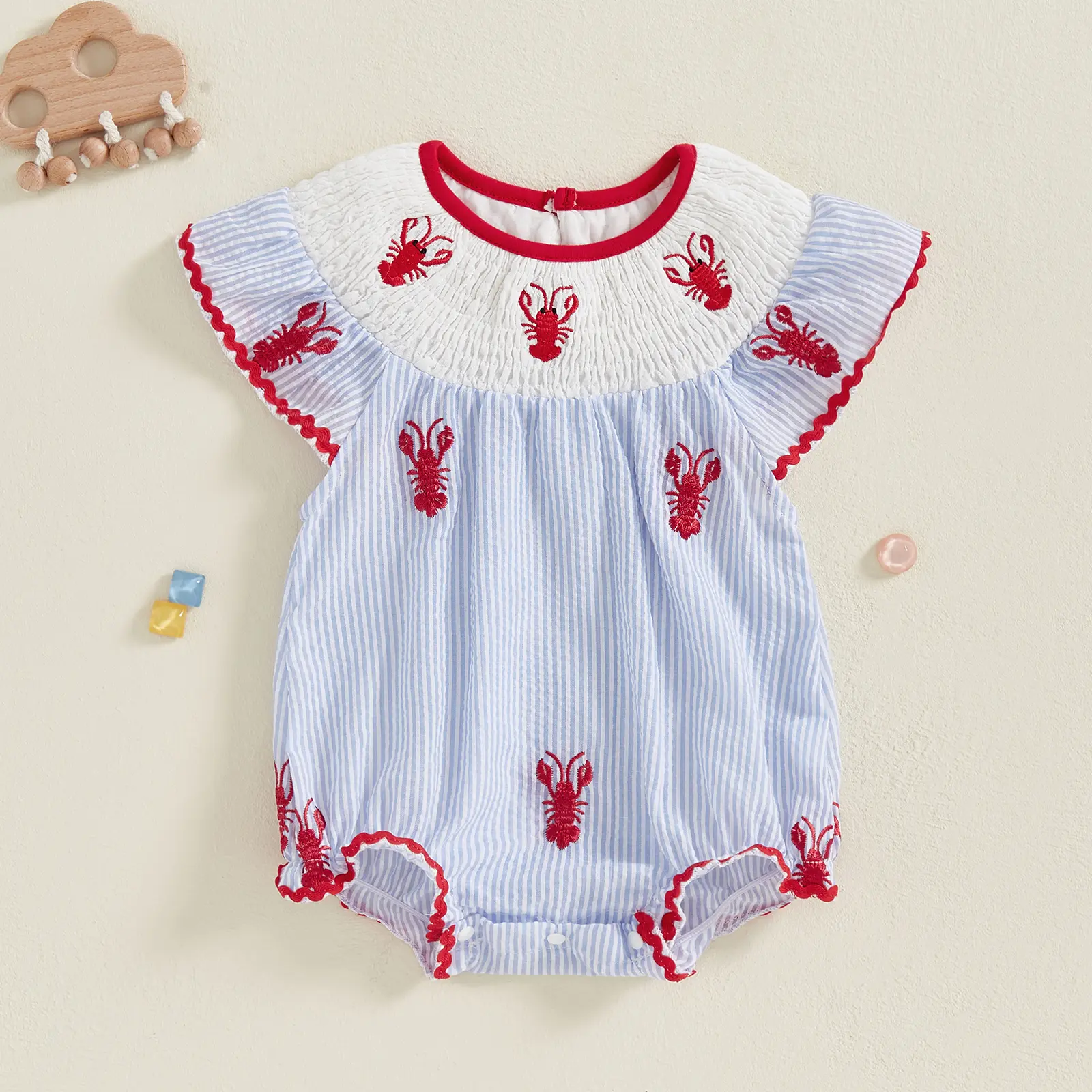 Imcute Newborn Infant Baby Girl Smocked Onesie Bodysuit Summer Lobster Embroidery Sleeveless Striped Crawfish Embroidered Bubble Romper