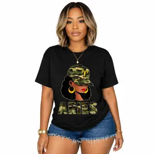 100% Cotton Aries Queen Camouflage Black Woman Cap Zodiac Sign T-Shirt