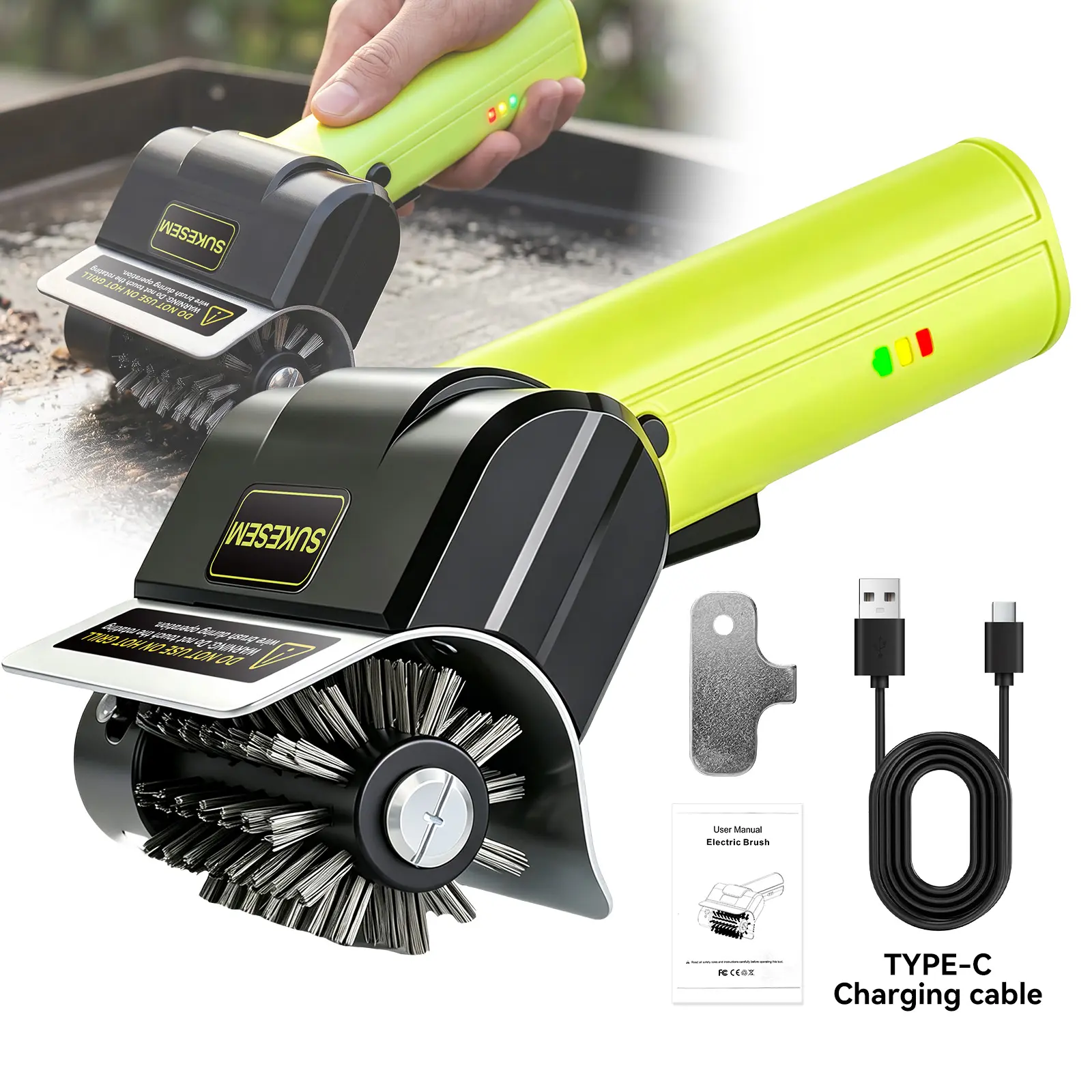 SUKESEM Cordless Electric BBQ Cleaning Brush, Rechargeable Rotating Stainless Steel Grill Brush, Outdoor Grill Cleaner Accessory for Backyard, Camping & Patio Barbecues
