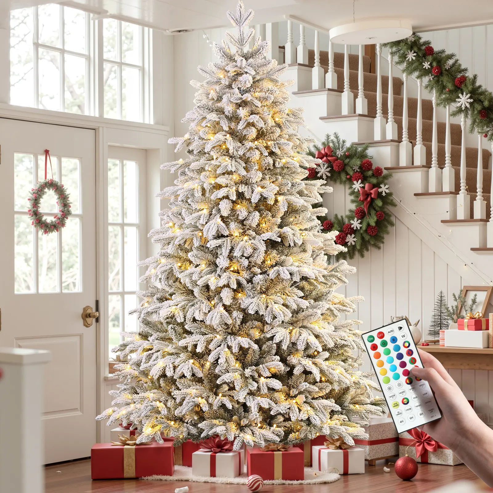 【ON SALE】SHareconn 7.5 FT Snow Flocked Pre-Lit Christmas Tree-Warm white or LED or RGB lights, Deluxe Hinged Design, Ideal Xmas Decoration