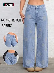 Women's Elegant High Waist Wide Leg Denim Jeans, Rhinestone Decor, All Season Casual Fitted Pants, Button Fly, Star Pattern, Below the Knee