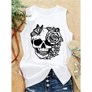 Gothic Skull Rose Butterfly Print Tank Top | Casual Infashule Crew Neck, Medium Stretch Fabric, Sleeveless, Ideal For Spring/Summer, Perfect For Home Lounge, Outings, Gifts For New Year'S, Valentine'S Day, And More Crewneck Dark Gray