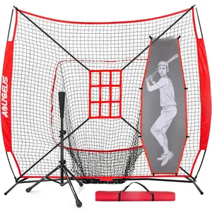 7'X7' Baseball Softball Practice Net,Pitching Net,Batting Net,with Baseball Tee,Bonus Strike Zone and Bow Frame,for Hitting,Pitching, Catching