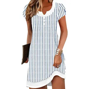 Lady's 2026 Short-Sleeve V-Neck Button Casual Wear Clothes, Women's Summer Beach Swimwear Cover-Up Vacation Sundress