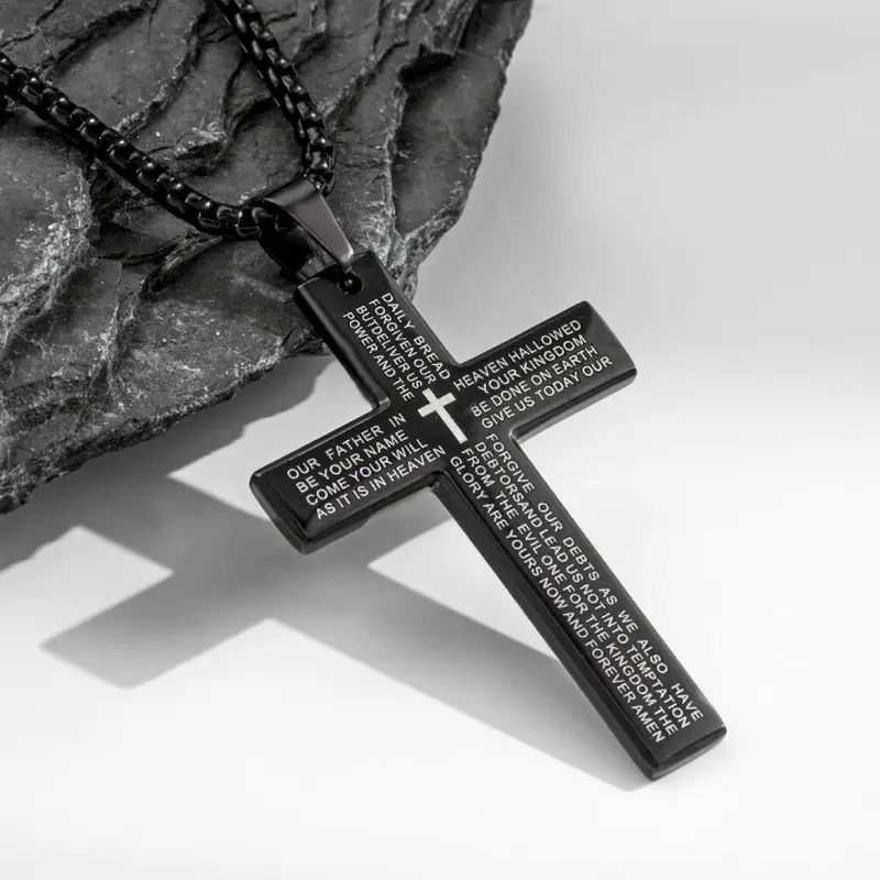 Stainless Steel Letter Print Cross Pendant Faith Necklace with Bible Verse Engraving, Unisex Jewelry with 24 Inch Chain, Perfect Gift for Any Occasion, Bible Proverb, Stainless Steel Necklaces