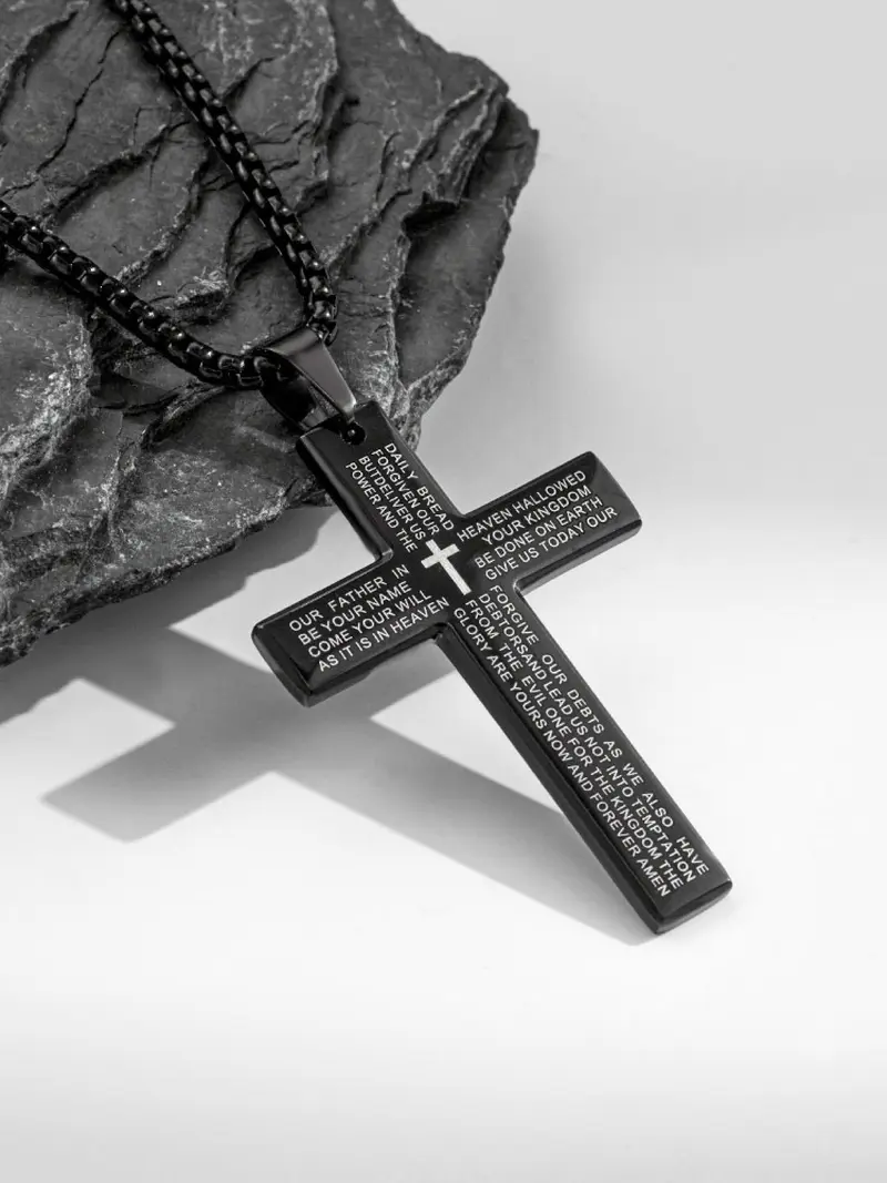 Stainless Steel Cross Pendant Necklace with Bible Verse Engraving, Unisex Jewelry with 24 Inch Chain, Perfect Gift for Any Occasion
